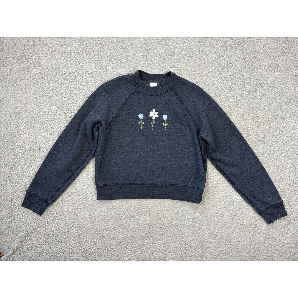 RE/DONE Sweatshirt Womens Small‎ Blue Floral Embroidered Crewneck Shrunken Fit